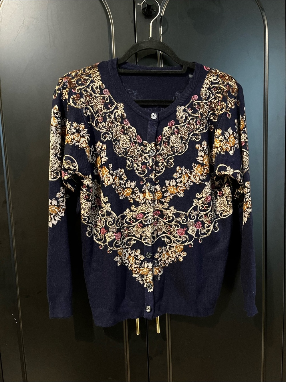 Navy Floral Embroidered Button-Front Women's Sweater